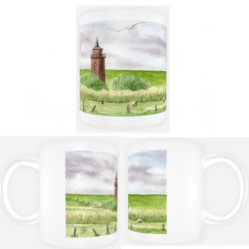 Tasse Becher Kaffeebecher  Aquarell Kunst Druck Kunstdruck Strandkorb Sonnenuntergang Dänemark Nordsee Dagebüll Leuchtturm mit Schafe - DB2